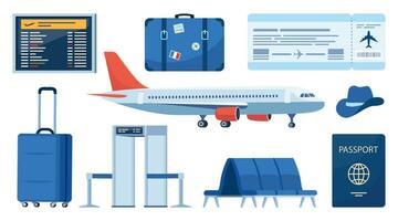 Airport terminal design elements. Traveling by plane, set of objects. Baggage, metal detector, air ticket, passport, information panel, lounge seats. Air travel concept. Tourism. Vector illustration.