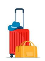 Travel bags composition. Suitcase and backpack. Tourist case, journey and adventure baggage. Travelers luggage. Vector illustration.