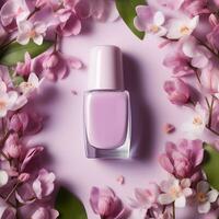 Blank pink nail polish bottle mockup with flowers background. Generative AI photo