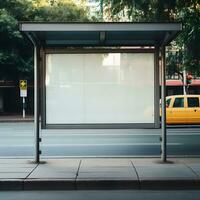 Blank rectangular white billboard on bus stop. Generative AI photo