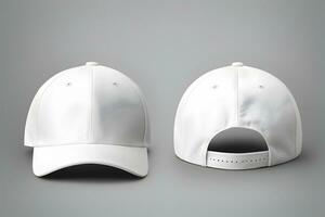 Blank white baseball cap, front and back view for mockup. Generative AI photo