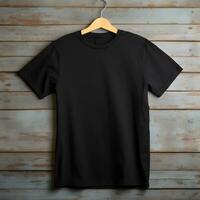 Blank black t-shirt Mock-up hanging on wood background, front view. Generative AI photo