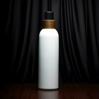 blank white cosmetic bottle on wooden floor with black curtain. Generative AI photo