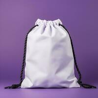 Blank white drawstring bag with black rope on purple background. Generative AI photo
