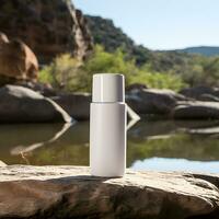 Blank white cosmetic container on rock with river background. Generative AI photo