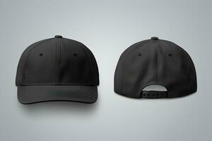 Blank black baseball cap, front and back view for mockup, generative ai photo