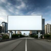 Blank white road billboard with cityscape background, generative ai photo