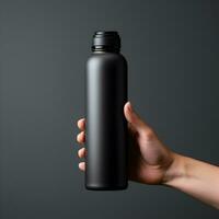 Hand holding black sport bottle for design mockup, generative ai photo