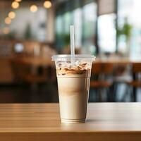 Milkshake cup on wooden table with cafe background. Generative AI photo