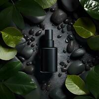 Blank black cosmetic bottle on rocks and leaves background. Generative AI photo