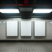 Blank vertical billboards in subway station. Generative AI photo