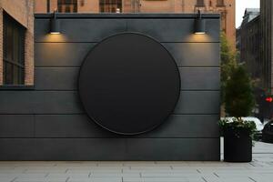 Blank black circular billboards attached to building wall, generative ai photo