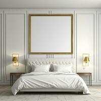 Blank poster frame on white wall of luxury bedroom, generative ai photo