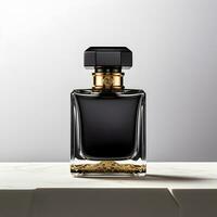 Luxury glass perfume bottle mockup, front view. Generative AI photo
