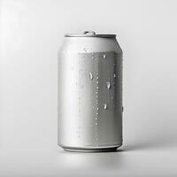 Blank aluminum can with water drops on grey background. Generative AI photo