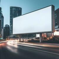 Blank rectangular white road billboard on cityscape background. Generative AI photo