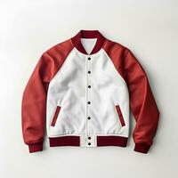 Red and white varsity jacket on white background. Generative AI photo