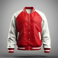 rojo y blanco béisbol chaqueta, frente ver para Bosquejo. generativo ai foto