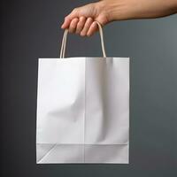 Hand holding white shopping bag mockup, generative ai photo