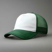 Green and white trucker hat mockup, side view, generative ai photo