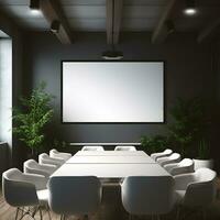 Blank white projector screen mockup in meeting room. Generative AI photo