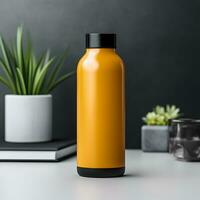 Orange metallic water bottle mockup on desk. Generative AI photo