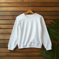 Blank white crewneck hanging on wooden wall with palm leaves. Generative AI photo