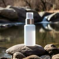 Blank white cosmetic container on rocks with river background. Generative AI photo