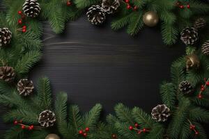 Top view of christmas decoration on wood background, Generative AI. photo
