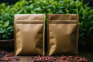 modelo Bosquejo de marrón arte papel bolso para comida embalaje, generativo ai. foto