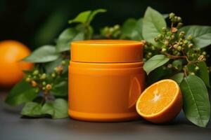 Mock-up of cosmetic tube product, natural ingredients from orange fruit, Generative AI. photo