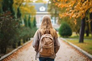 Female student carrying a bag with holding a book and walking to school, Generative AI. photo