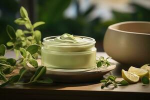 Mockup of cosmetic bottle product, natural ingredients, Generative AI. photo