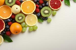 Top view of fruits on white background, Generative AI. photo