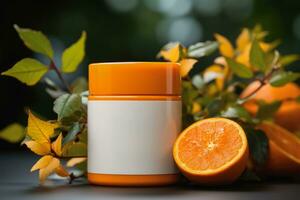 Mock-up of cosmetic tube product, natural ingredients from orange fruit, Generative AI. photo