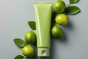 Mock-up of cosmetic tube product, natural ingredients from lime and lemon, Generative AI. photo