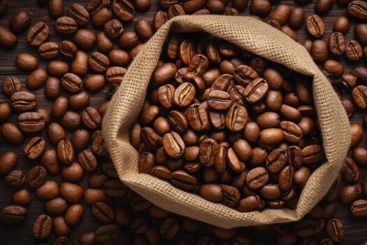 Top view of bag of coffee beans on white background, Generative AI. photo