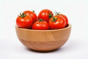 Tomatoes are placed in a brown wooden cup on white background, Generative AI. photo