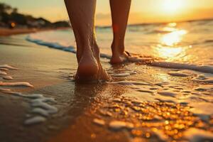 Closeup of feet walking on the beach and sea background, Generative AI. photo