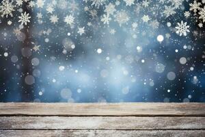 Empty brown wooden table and snow blur background, Christmas and New year concept, Generative AI. photo