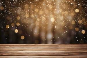 Empty brown wooden table and snow blur background, Christmas and New year concept, Generative AI. photo