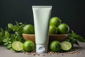 Mock-up of cosmetic tube product, natural ingredients from lime and lemon, Generative AI. photo