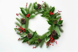Top view of Christmas Wreath on white background, Generative AI. photo