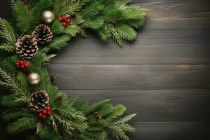 Top view of christmas decoration on wood background, Generative AI. photo