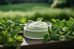Mockup of cosmetic bottle product, natural ingredients, Generative AI. photo