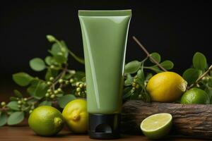 Mock-up of cosmetic tube product, natural ingredients from lime and lemon, Generative AI. photo