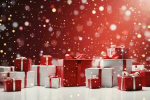 Pile of gift boxes with red ribbon, Christmas and New Year concept, Generative AI. photo