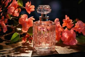 Perfume bottle with flower on light pink background, Generative AI. photo