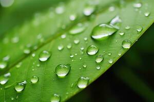 Water droplets on green leaf, Generative AI. photo