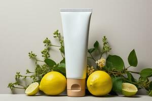 Mock-up of cosmetic tube product, natural ingredients from lime and lemon, Generative AI. photo